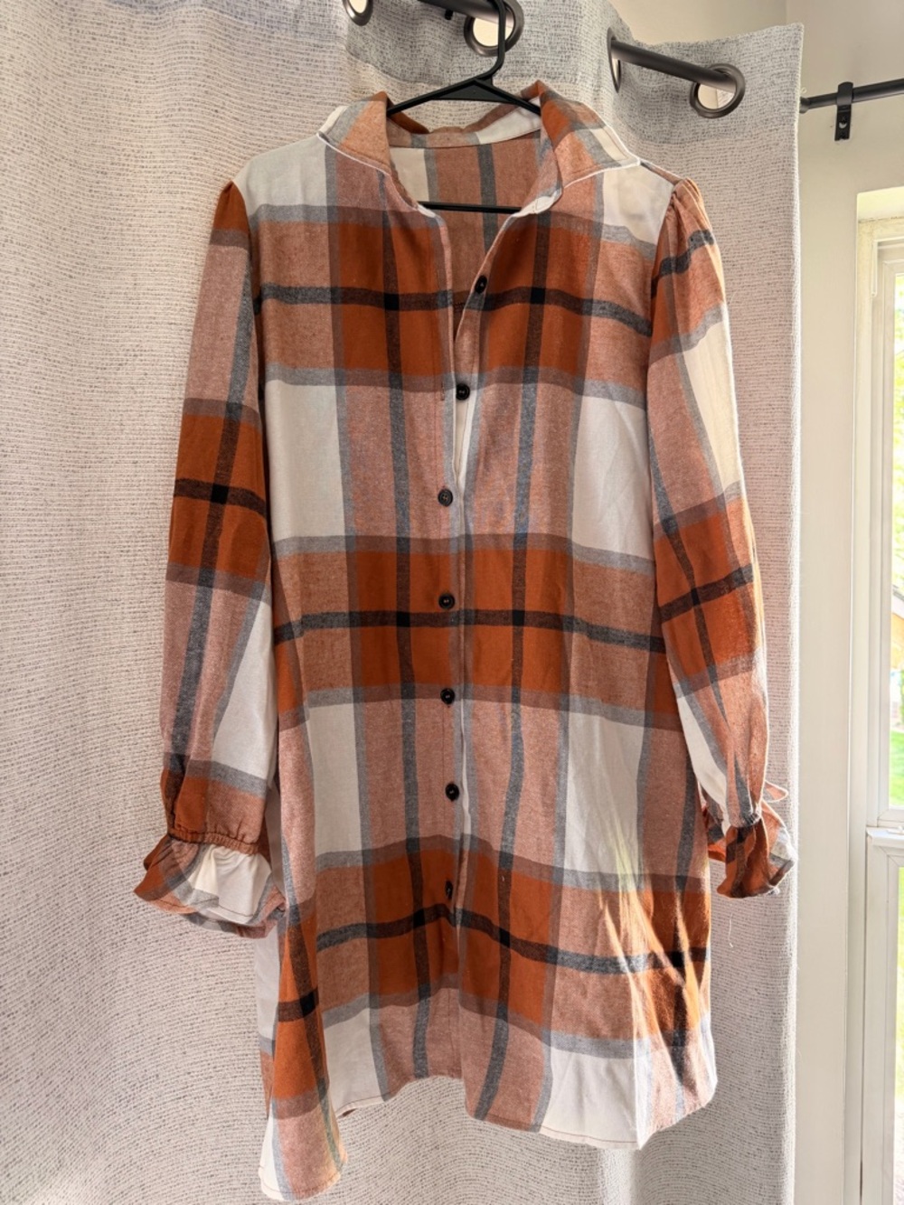 Long Sleeve Plaid Shirt Dress - Rust White